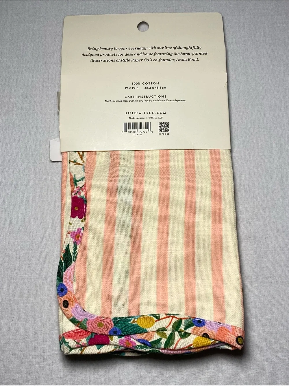 NWT Rifle Paper Co. Cloth Napkins (2pcs) Pink and Cream Striped with Floral Trim